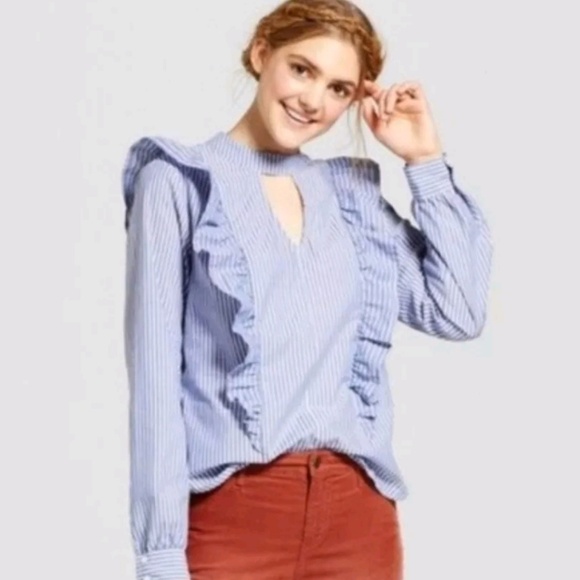 NWT Blue and White Ruffle Blouse - Picture 1 of 5